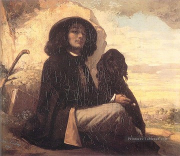réalisme réaliste Tableau Peinture - Courbet autoportrait avec un réaliste de chien noir réalisme peintre Gustave Courbet